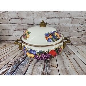 Vintage Cornucopia Enamelware Dutch Oven Pot with Brass Knob and Handles Fruit